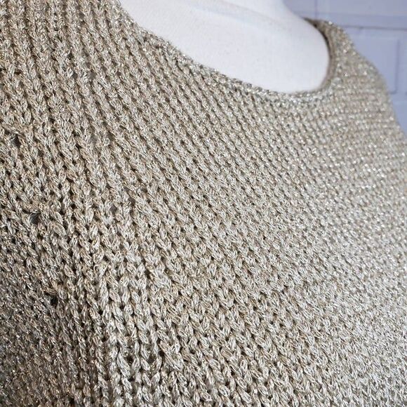 Beautiful NEW Chicos Gold Metallic Knit Short Sleeve Sweater womens 1 M Holiday - Picture 3 of 10